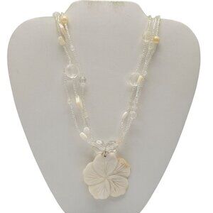Triple-Strand Beaded Necklace Carved Shell Flower Pendant Adjustable Chain